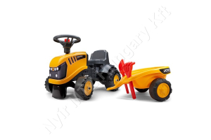 JCB ráülős traktor pótkocsival babáknak, lapáttal és gereblyével
