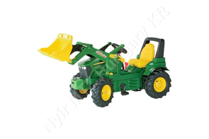 Pedálos traktor homlokrakodóval, John Deere 6210R, fékkel, fogaskerekekkel és levegős abroncsokkal