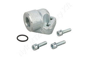 Hidraulika szivattyú csatlakozó 90°-os belső menetes 3/8″ BSP 26×27,5 mm öntöttvas OMT