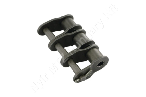 Összekötő láncszem hajlított 06B-3 háromsoros (triplex) 3/8″ (9,525 mm) osztás 7/32″ (5,72 mm) belső szélesség Ø6,35 mm görgő Ø3,28 mm csapszeg DIN 8187